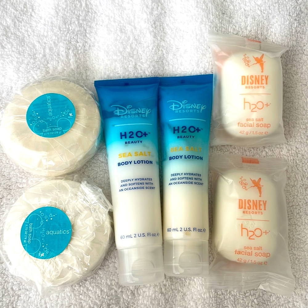 Disney Resort toiletries, (6). 2 @ sea salt bath soap, body lotion, facial soap